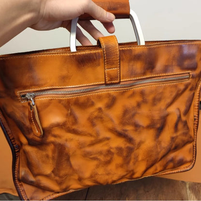 Vegetable Tanned Leather Crossbody Laptop Bag,Handcrafted Wrinkled Tote Briefcase For Men For Women-i7bags