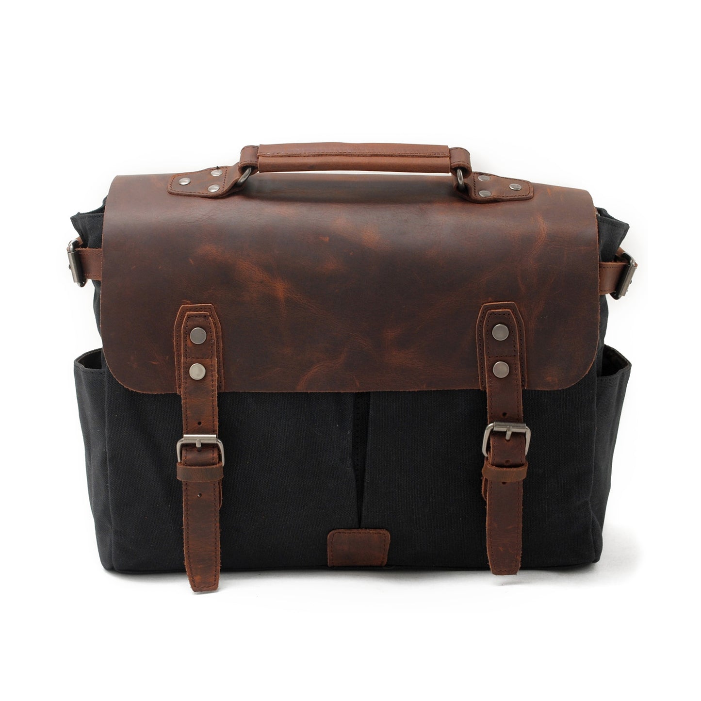 Vintage-Waxed-Canvas-and-Crazy-Horse-Leather-Laptop-Messenger-Bag-Black-i7bags-1
