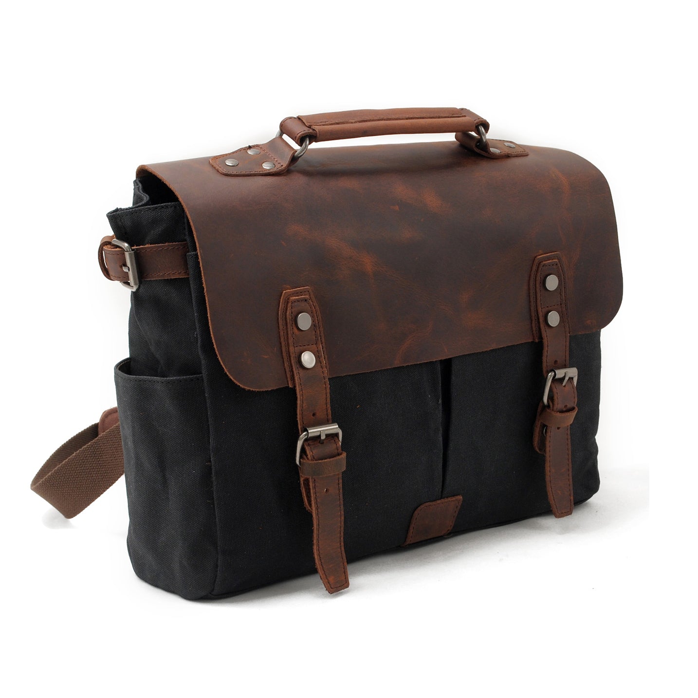 Vintage-Waxed-Canvas-and-Crazy-Horse-Leather-Laptop-Messenger-Bag-Black-i7bags-2