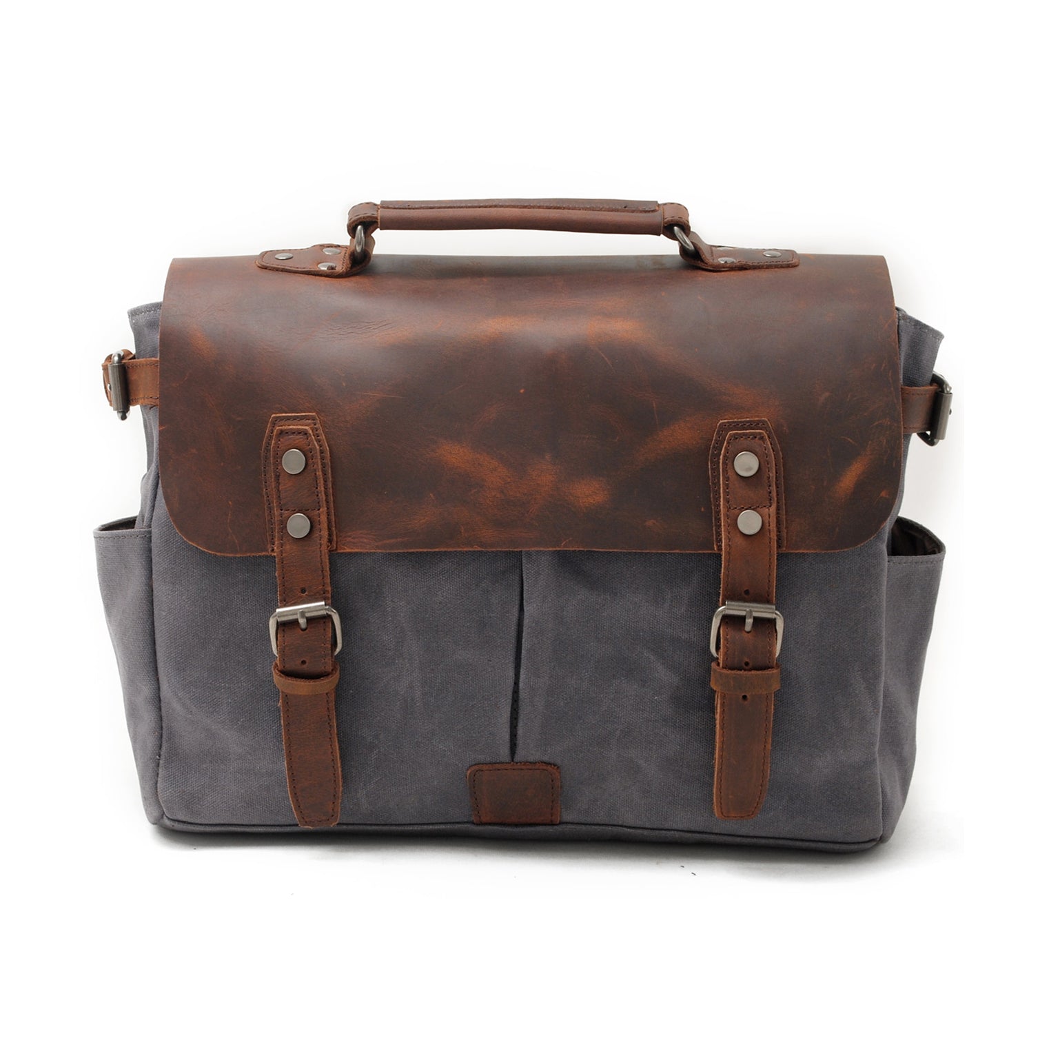 Vintage-Waxed-Canvas-and-Crazy-Horse-Leather-Laptop-Messenger-Bag-Gray-i7bags-1