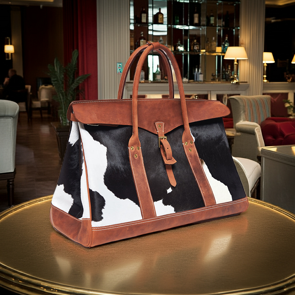Cow print bag with brown leather trim on a table in an elegant room.