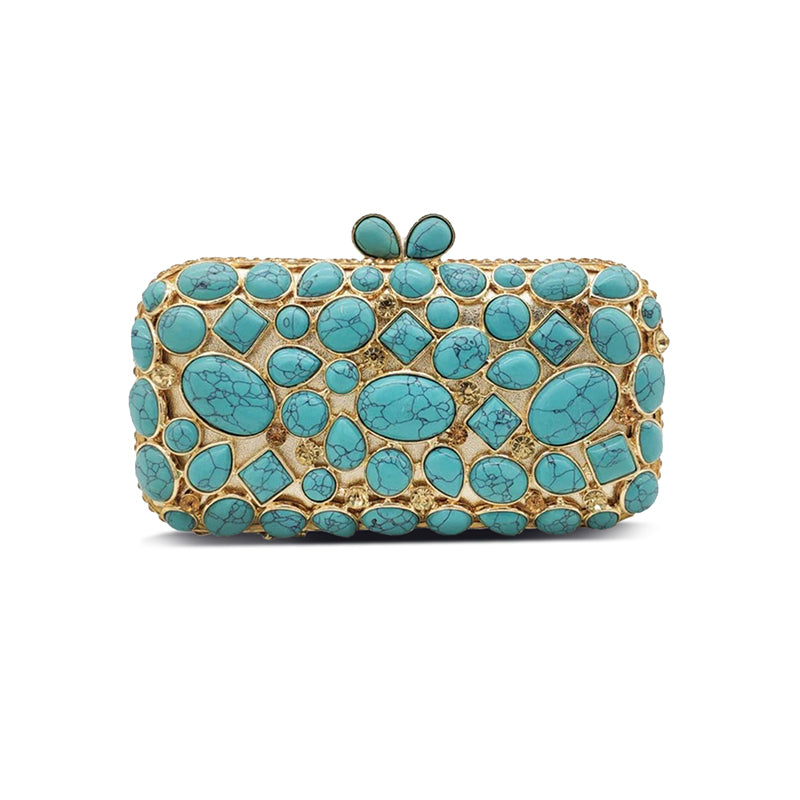 Agate Stone Evening Clutch with turquoise gemstones, designed for weddings and parties. Elegant rhinestone detail.
