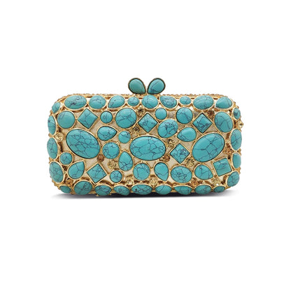 Agate Stone Evening Clutch with turquoise gemstones, designed for weddings and parties. Elegant rhinestone detail.
