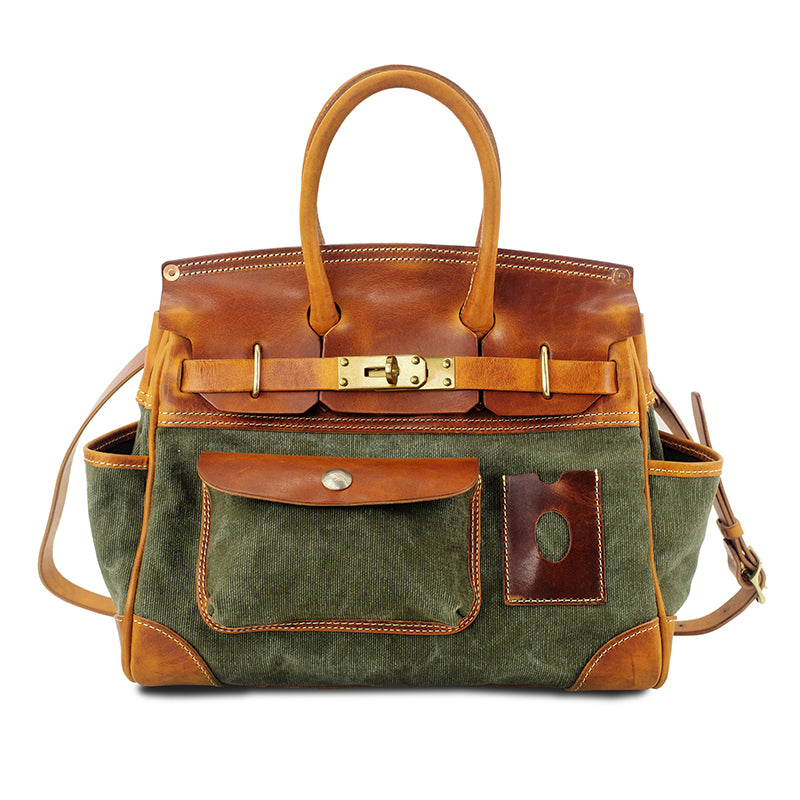 Canvas Tote Italian Leather Handmade Travel Bag Daily Work Bag 15in