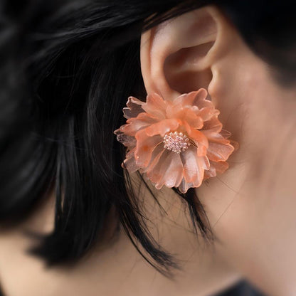 Blooming Color-Changing Sculptural Leather Flower Stud Earrings 1.9in