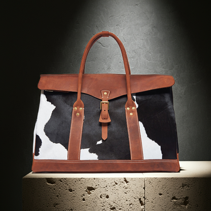 Leather Travel Bag,Genuine Calf Hair Leather Vintage Tote Bag,19.7in