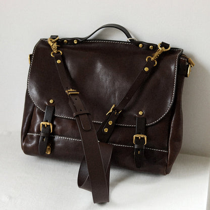 Leather Messenger Bag 13.8in Laptop Briefcase Crossbody Unisex in dark brown leather with adjustable strap.