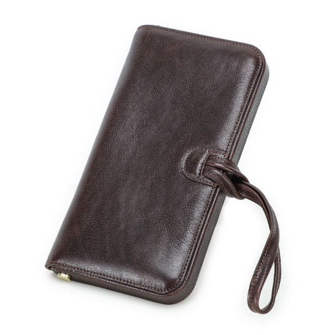 Leather Wristlet Wallet Women Clutch Metal Frame Phone Holder Purse in dark brown with wrist strap for easy carrying.