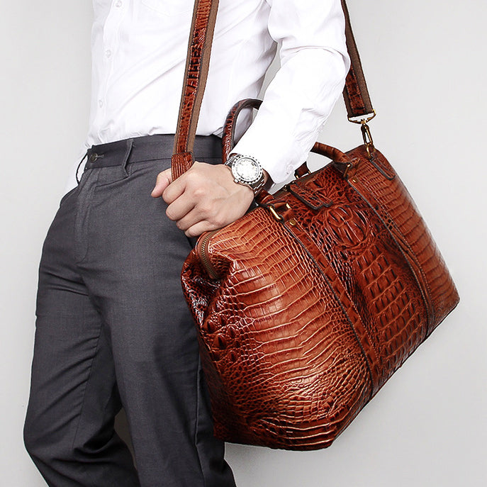 Genuine Leather Travel Bag Croc Embossed Business Duffel 18in