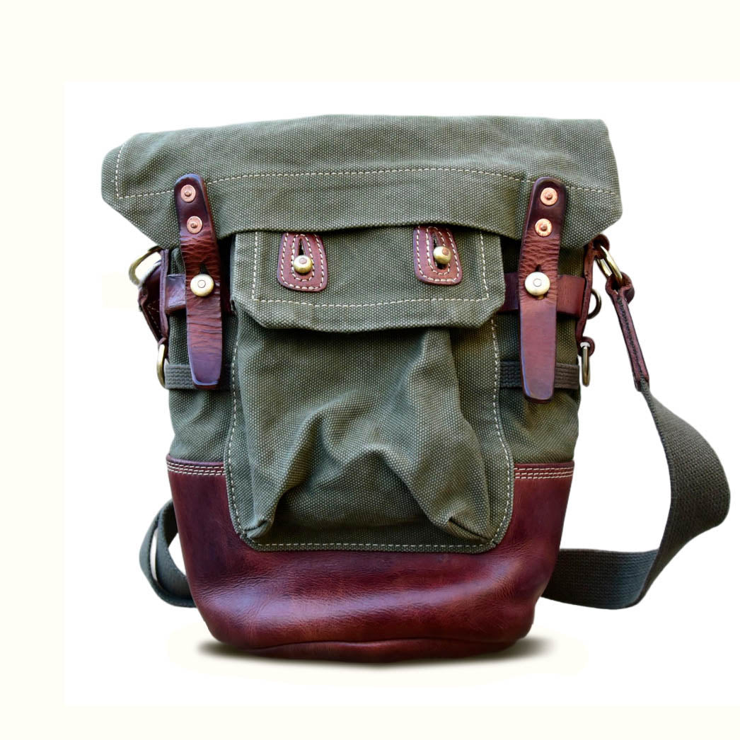 Canvas Crossbody Bag in Italian Leather Vintage Military Style featuring durable canvas and rich leather accents.