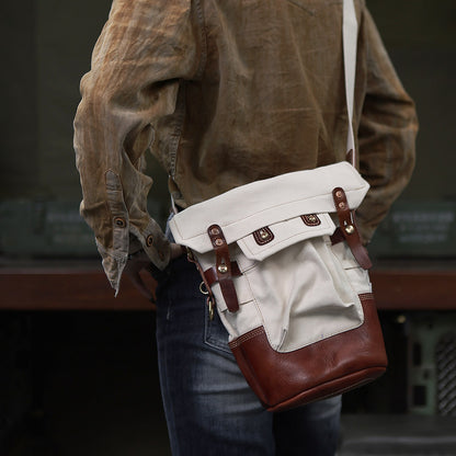 Canvas Crossbody Bag in Italian Leather Vintage Military Style worn on shoulder with rustic vibe.