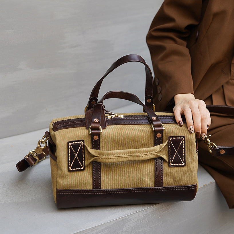 Handmade Canvas Leather Crossbody Bag Women shown in brown and beige, stylish and functional vintage satchel purse.