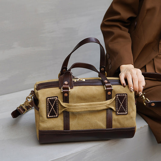 Handmade Canvas Leather Crossbody Bag Women shown in brown and beige, stylish and functional vintage satchel purse.