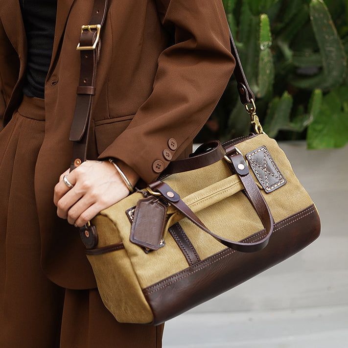 Handmade Canvas Leather Crossbody Bag Women in use with brown outfit, showcasing vintage style and craftsmanship.