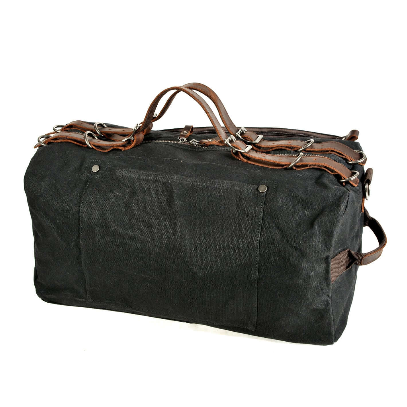 Waxed Canvas Leather Travel Bag Vintage Duffel Shoulder Bag 19.7in side view with brown handles and straps
