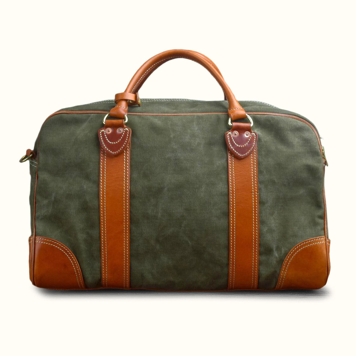 Canvas Duffle Bag Italian Leather Large Weekender Bag in olive green with leather accents.