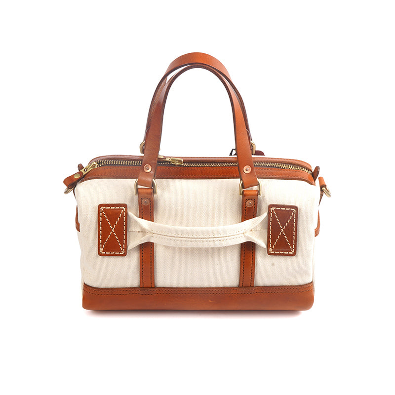Handmade Canvas Leather Crossbody Bag Women with brown leather accents and handles, showcasing a vintage style.