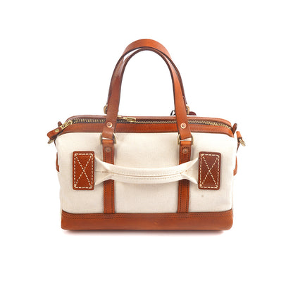 Handmade Canvas Leather Crossbody Bag Women in beige and brown with zippered closure and dual handles.