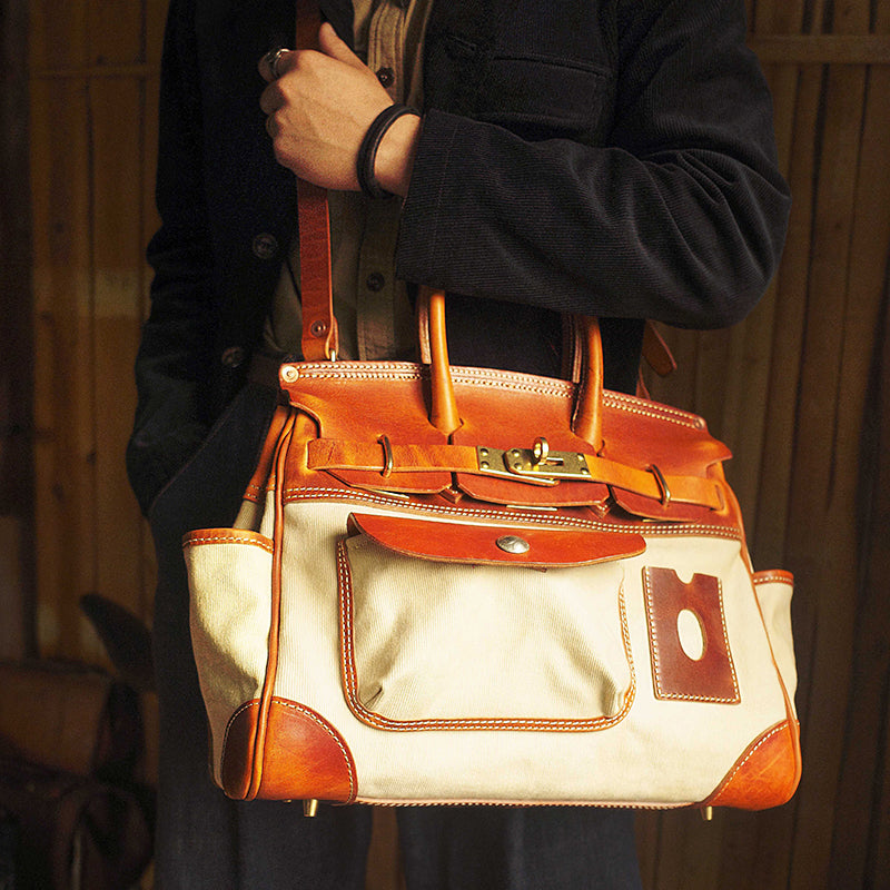Canvas Tote Italian Leather Handmade Travel Bag Daily Work Bag 15in