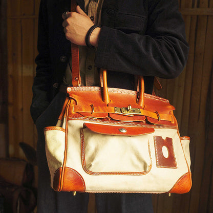 Canvas Tote Italian Leather Handmade Travel Bag Daily Work Bag 15in