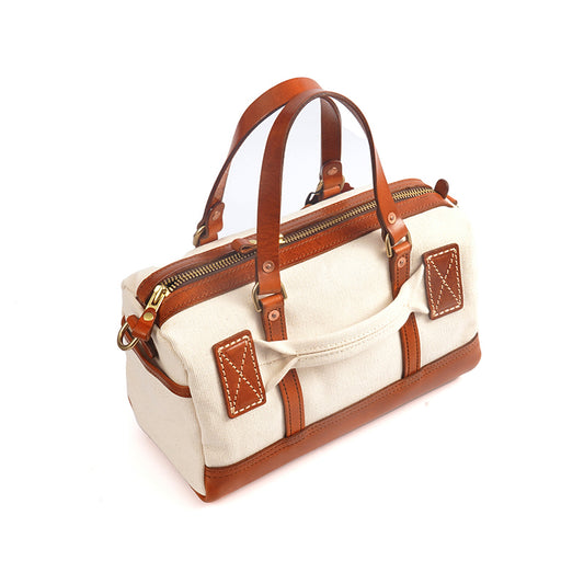 Handmade Canvas Leather Crossbody Bag Women 12.6in Vintage Satchel Purse with stylish leather straps.