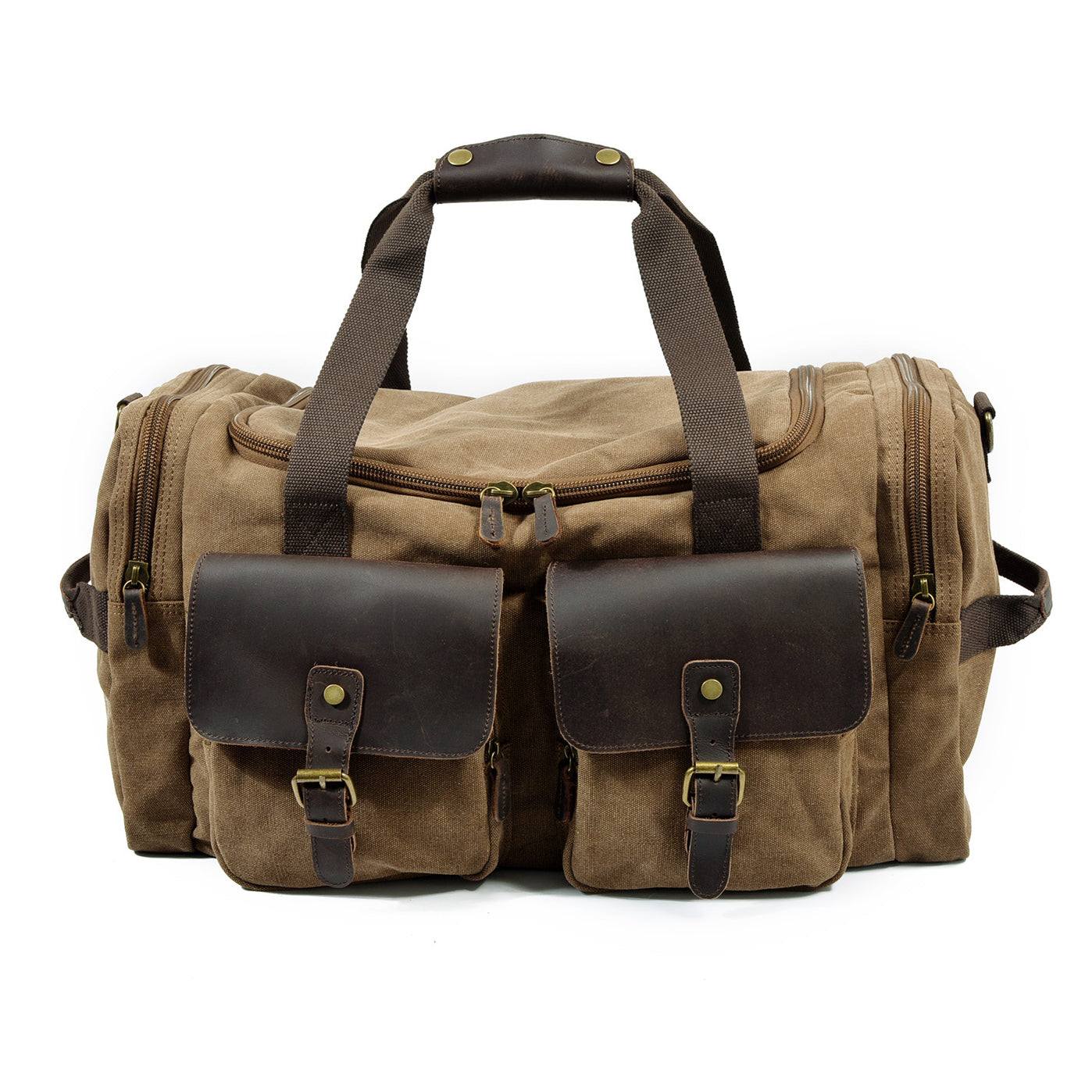 Large Canvas Leather Travel Bag 20.9in Crossbody Shoulder Duffel For Men in brown with dual pockets and shoulder strap.
