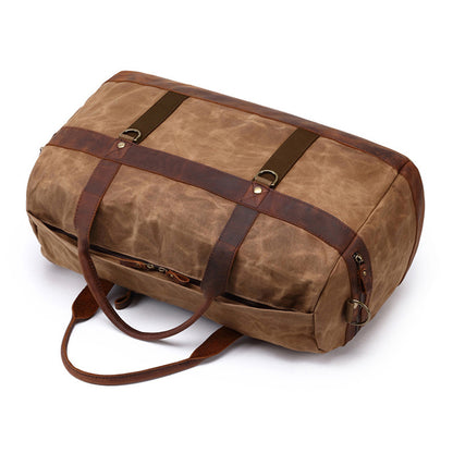 Canvas Leather Duffel Bag 22in Large Capacity Travel Gym Bag in brown with leather straps.