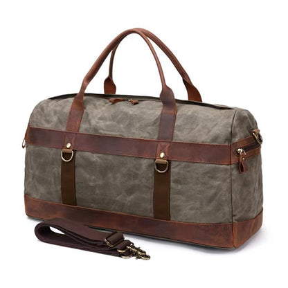 Canvas Leather Duffel Bag 22in Large Capacity Travel Gym Bag in army green with brown leather accents