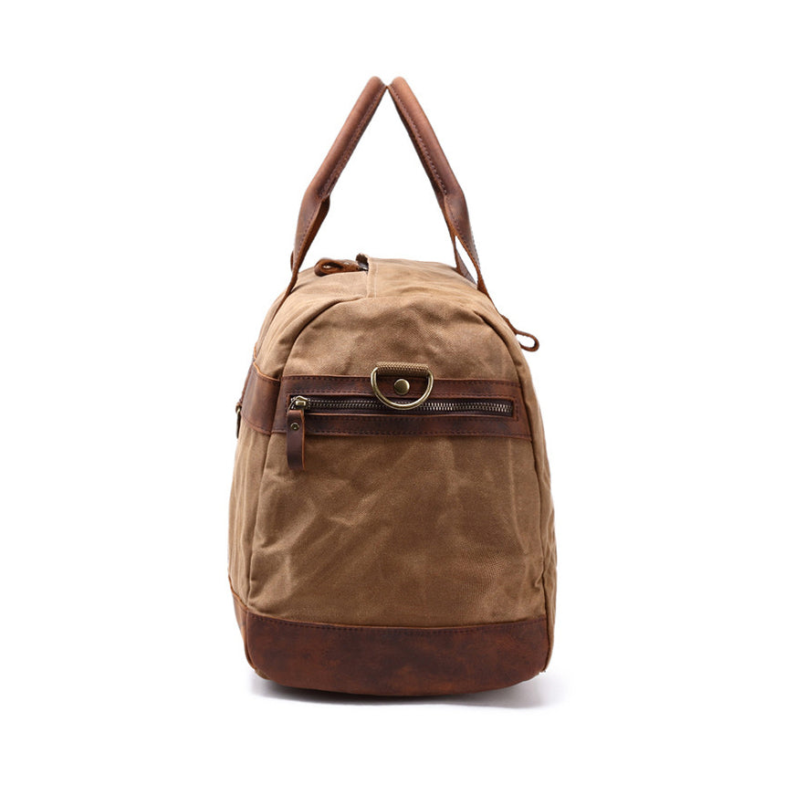 Canvas Leather Duffel Bag 22in Large Capacity Travel Gym Bag in Army Green and Brown colors.