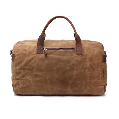 Canvas Leather Duffel Bag 22in Large Capacity Travel Gym Bag in brown with leather accents and zip pocket.