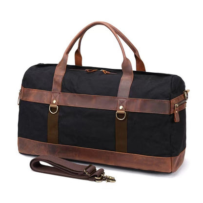 Canvas Leather Duffel Bag 22in Large Capacity Travel Gym Bag in black with brown leather accents.