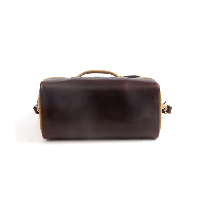 Handmade Canvas Leather Crossbody Bag Women view from the back, showcasing brown leather and vintage design.