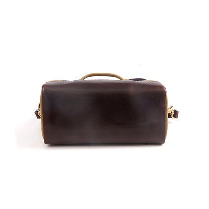 Handmade Canvas Leather Crossbody Bag Women view from the back, showcasing brown leather and vintage design.