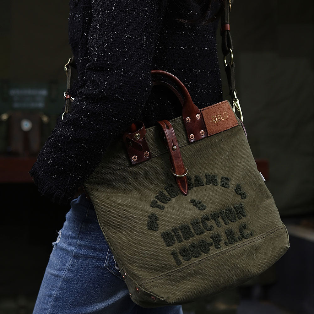 Canvas Leather Tote Bag 15.7in Retro Crossbody Workwear Unisex in army green with leather straps.