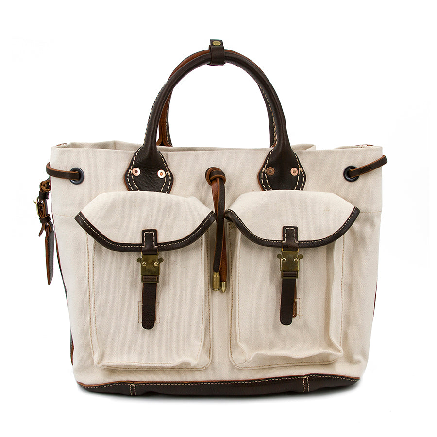 Large Canvas Leather Tote Bag with dual front pockets and sturdy handles.