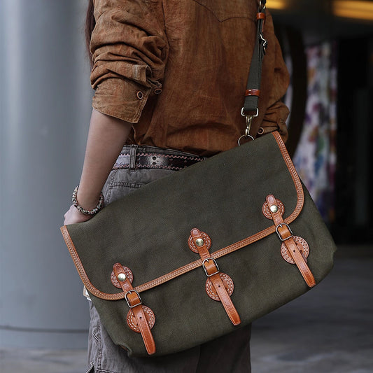 Canvas Messenger Bag Italian Leather 16.5in Laptop Bag in olive green with leather accents