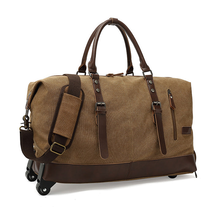 Canvas Rolling Duffel Bag 22in Split Leather Wheeled Travel Luggage in khaki color with wheels