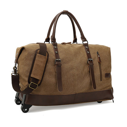 Canvas Rolling Duffel Bag 22in Split Leather Wheeled Travel Luggage in khaki color with wheels