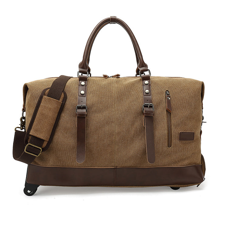 Canvas Rolling Duffel Bag 22in Split Leather Wheeled Travel Luggage with brown accents and shoulder strap.