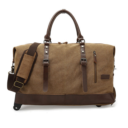 Canvas Rolling Duffel Bag 22in Split Leather Wheeled Travel Luggage with brown accents and shoulder strap.