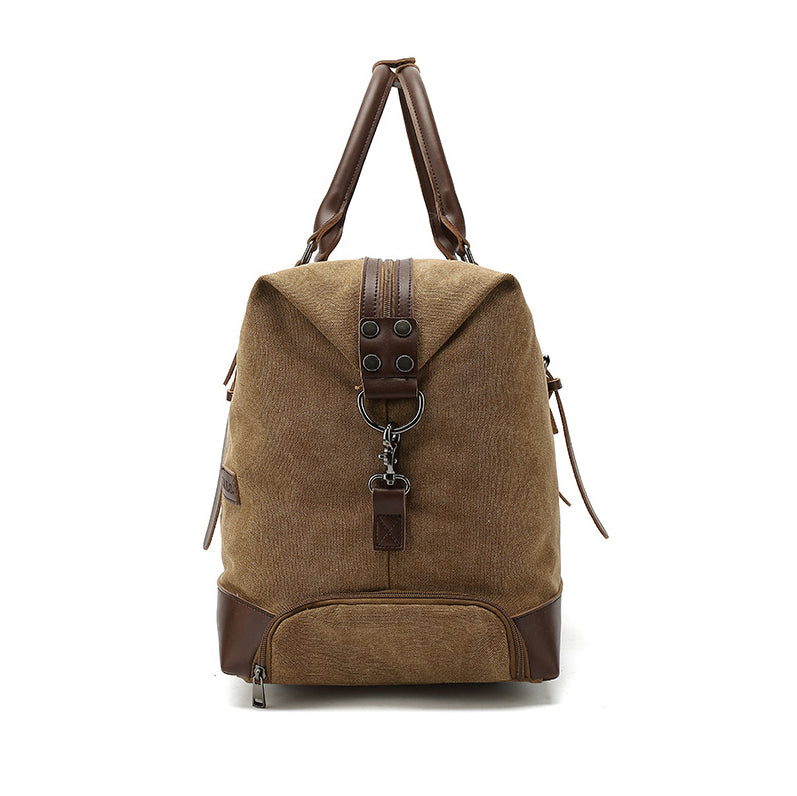 Canvas Rolling Duffel Bag 22in Split Leather Wheeled Travel Luggage in khaki with brown leather accents