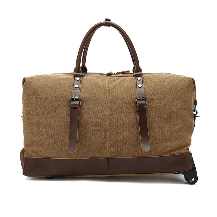 Canvas Rolling Duffel Bag 22in Split Leather Wheeled Travel Luggage in khaki with leather accents and wheels