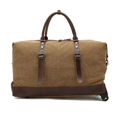 Canvas Rolling Duffel Bag 22in Split Leather Wheeled Travel Luggage in khaki with leather accents and wheels