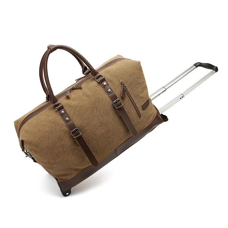 Canvas Rolling Duffel Bag 22in Split Leather Wheeled Travel Luggage in khaki color with retractable handle.
