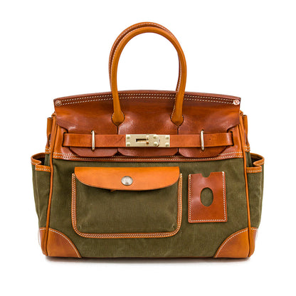 Canvas Tote Italian Leather Handmade Travel Bag Daily Work Bag 15in