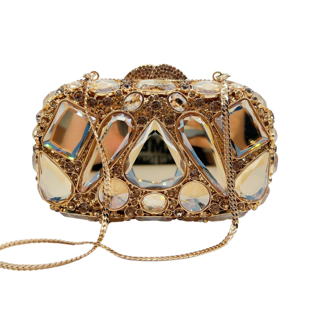 Rhinestone Evening Clutch Multi Color Jeweled Wedding Bag with a gold chain and sparkling gemstones.