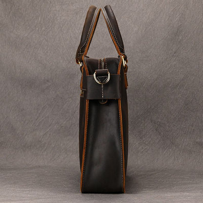 Side profile of a dark brown full-grain leather laptop briefcase featuring brass hardware and reinforced white stitching.