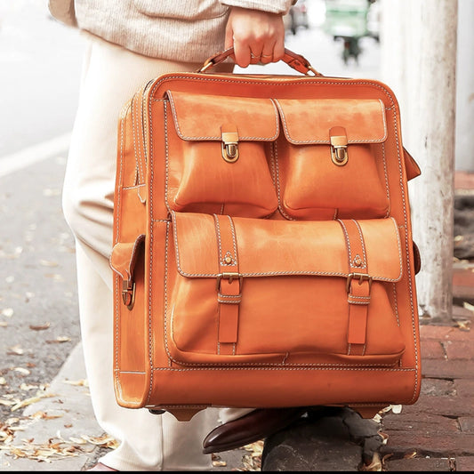 Full Grain Italian Leather Wheeled Carry-On Luggage,  Premium Unisex Luggage, Length 22 In