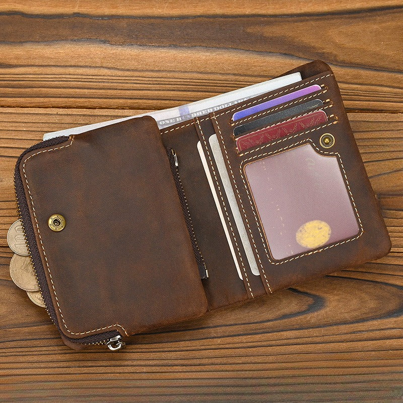 Crazy Horse Leather Bifold Wallet Men Zipper Coin Multi Card, brown leather wallet interior with card slots and zip compartment.