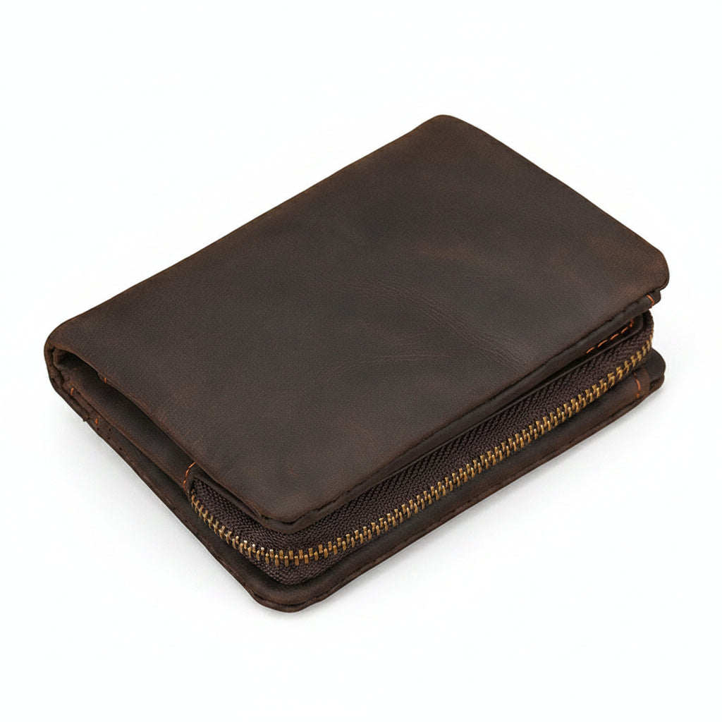 Crazy Horse Leather Bifold Wallet Men Zipper Coin Multi Card in brown leather with zipper feature and quality craftsmanship.